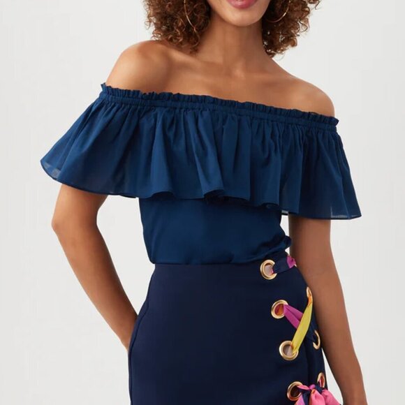 Trina Turk 'Lakeland' Off-The-Shoulder Ruffled Top, Ink Navy Blue - Picture 1 of 3